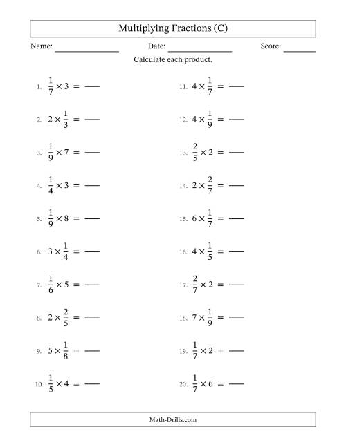 The Multiplying Proper Fractions and Whole Numbers with No Simplification (Fillable) (C) Math Worksheet