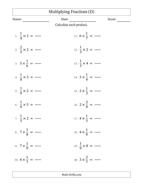 The Multiplying Proper Fractions and Whole Numbers with No Simplification (Fillable) (D) Math Worksheet