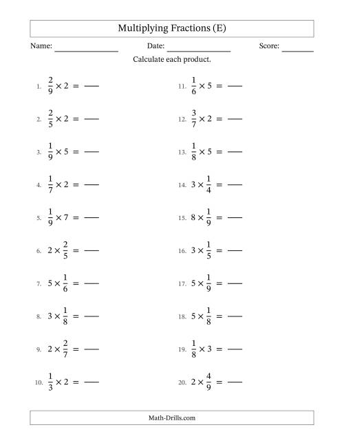 The Multiplying Proper Fractions and Whole Numbers with No Simplification (Fillable) (E) Math Worksheet
