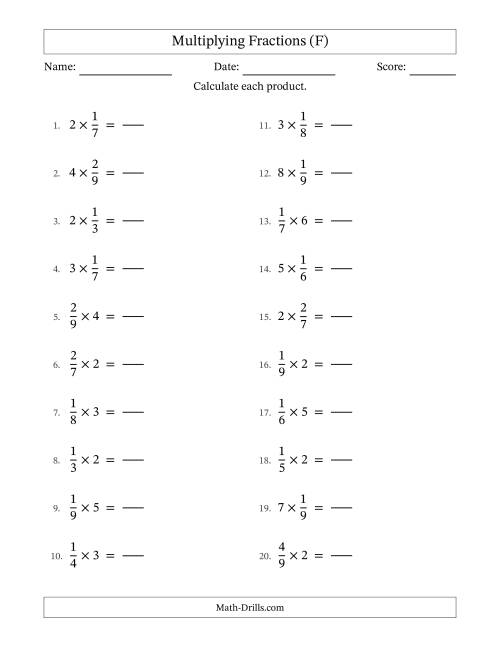 The Multiplying Proper Fractions and Whole Numbers with No Simplification (Fillable) (F) Math Worksheet