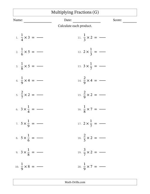 The Multiplying Proper Fractions and Whole Numbers with No Simplification (Fillable) (G) Math Worksheet