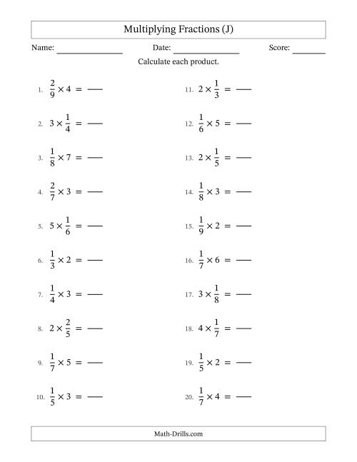 The Multiplying Proper Fractions and Whole Numbers with No Simplification (Fillable) (J) Math Worksheet