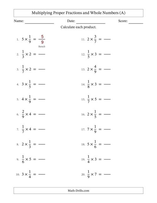 The Multiplying Proper Fractions and Whole Numbers with No Simplifying (Fillable) (All) Math Worksheet