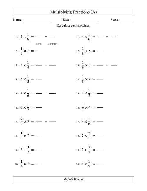 The Multiplying Proper Fractions and Whole Numbers with Some Simplifying (Fillable) (A) Math Worksheet