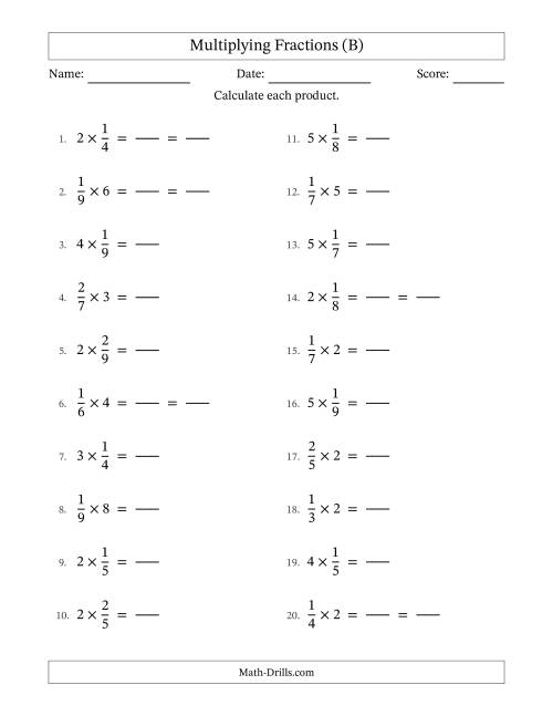The Multiplying Proper Fractions and Whole Numbers with Some Simplification (Fillable) (B) Math Worksheet