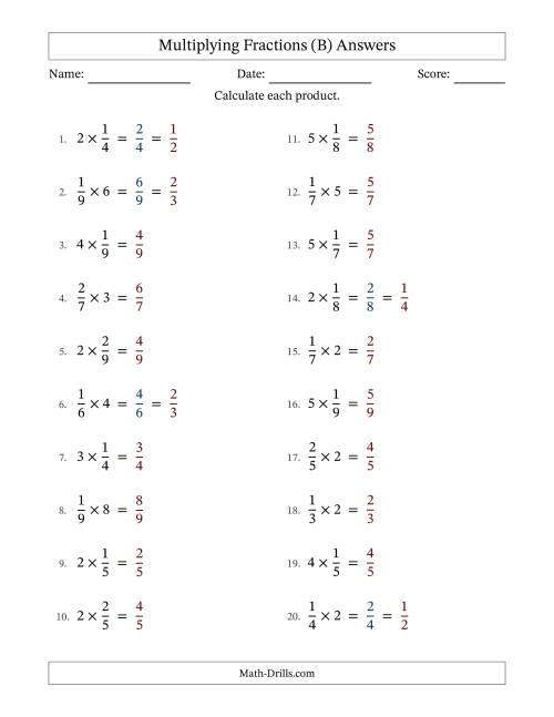 The Multiplying Proper Fractions and Whole Numbers with Some Simplification (Fillable) (B) Math Worksheet Page 2