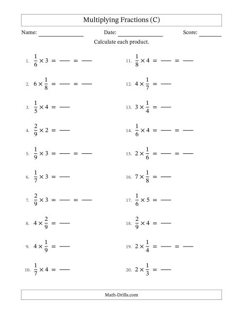 The Multiplying Proper Fractions and Whole Numbers with Some Simplification (Fillable) (C) Math Worksheet