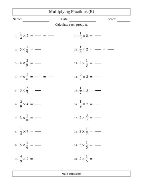 The Multiplying Proper Fractions and Whole Numbers with Some Simplification (Fillable) (E) Math Worksheet