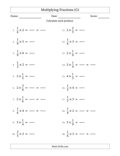 The Multiplying Proper Fractions and Whole Numbers with Some Simplification (Fillable) (G) Math Worksheet
