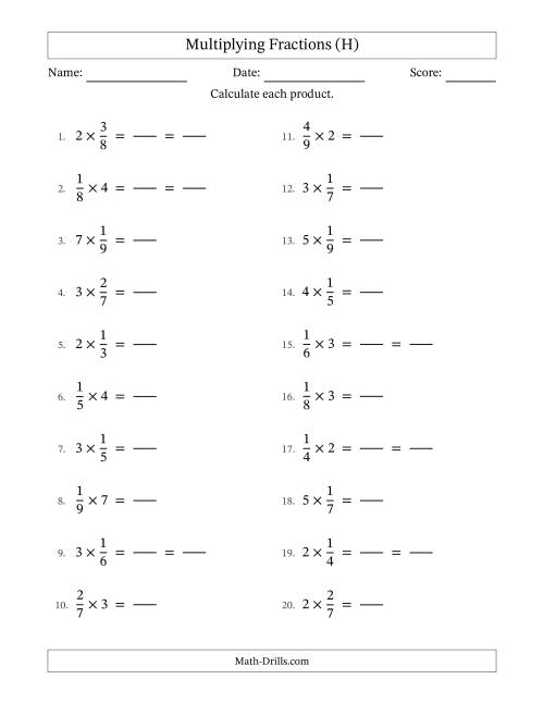 The Multiplying Proper Fractions and Whole Numbers with Some Simplification (Fillable) (H) Math Worksheet