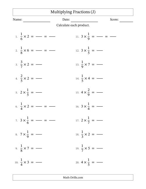 The Multiplying Proper Fractions and Whole Numbers with Some Simplification (Fillable) (J) Math Worksheet
