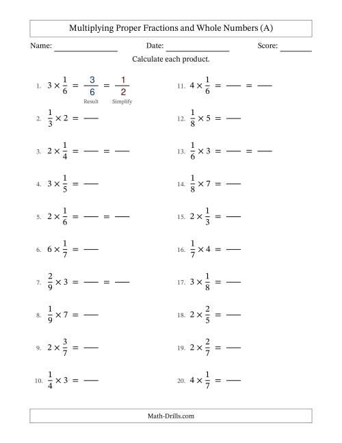 The Multiplying Proper Fractions and Whole Numbers with Some Simplifying (Fillable) (All) Math Worksheet