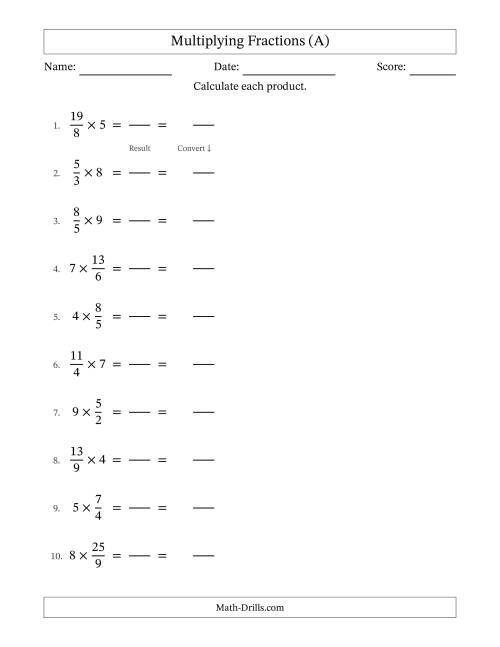 The Multiplying Improper Fractions and Whole Numbers with No Simplifying (Fillable) (A) Math Worksheet