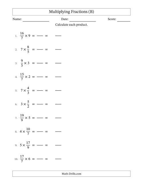 The Multiplying Improper Fractions and Whole Numbers with No Simplification (Fillable) (B) Math Worksheet