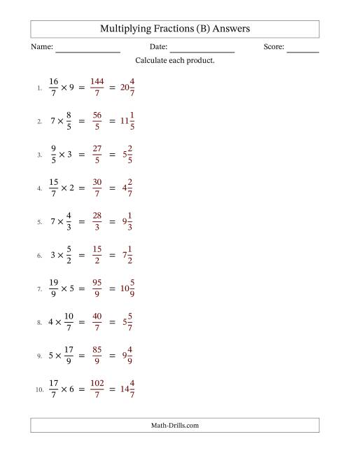 The Multiplying Improper Fractions and Whole Numbers with No Simplification (Fillable) (B) Math Worksheet Page 2