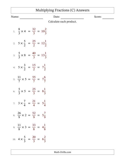 The Multiplying Improper Fractions and Whole Numbers with No Simplification (Fillable) (C) Math Worksheet Page 2