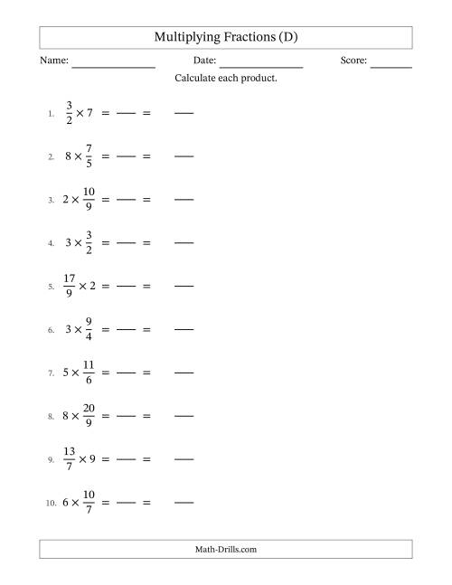 The Multiplying Improper Fractions and Whole Numbers with No Simplification (Fillable) (D) Math Worksheet
