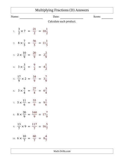 The Multiplying Improper Fractions and Whole Numbers with No Simplification (Fillable) (D) Math Worksheet Page 2
