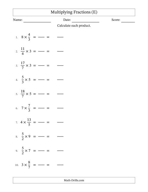 The Multiplying Improper Fractions and Whole Numbers with No Simplification (Fillable) (E) Math Worksheet