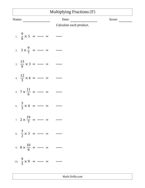 The Multiplying Improper Fractions and Whole Numbers with No Simplification (Fillable) (F) Math Worksheet