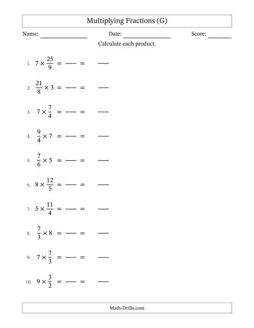 The Multiplying Improper Fractions and Whole Numbers with No Simplification (Fillable) (G) Math Worksheet