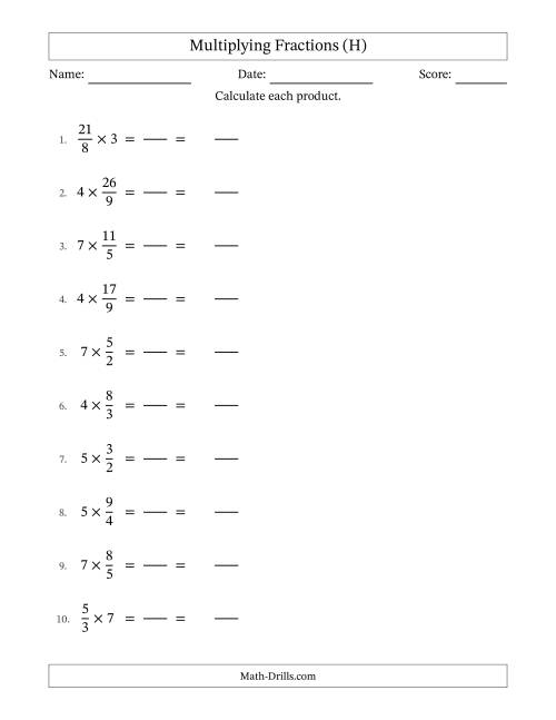 The Multiplying Improper Fractions and Whole Numbers with No Simplification (Fillable) (H) Math Worksheet