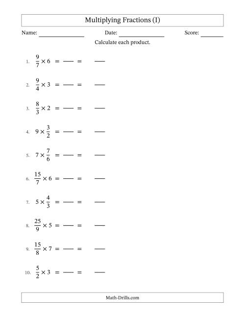 The Multiplying Improper Fractions and Whole Numbers with No Simplification (Fillable) (I) Math Worksheet
