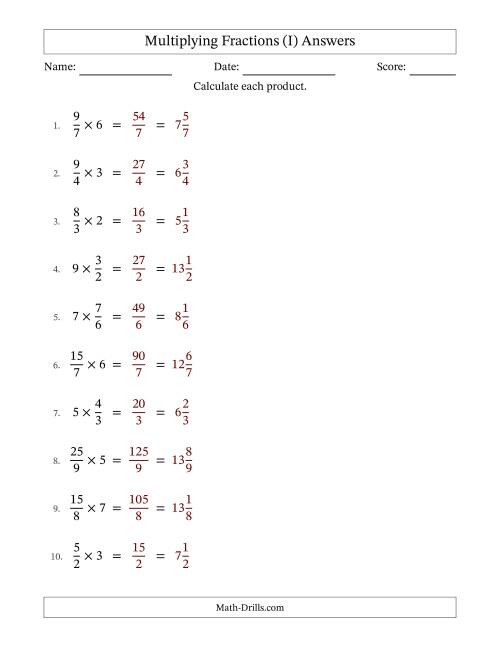 The Multiplying Improper Fractions and Whole Numbers with No Simplification (Fillable) (I) Math Worksheet Page 2