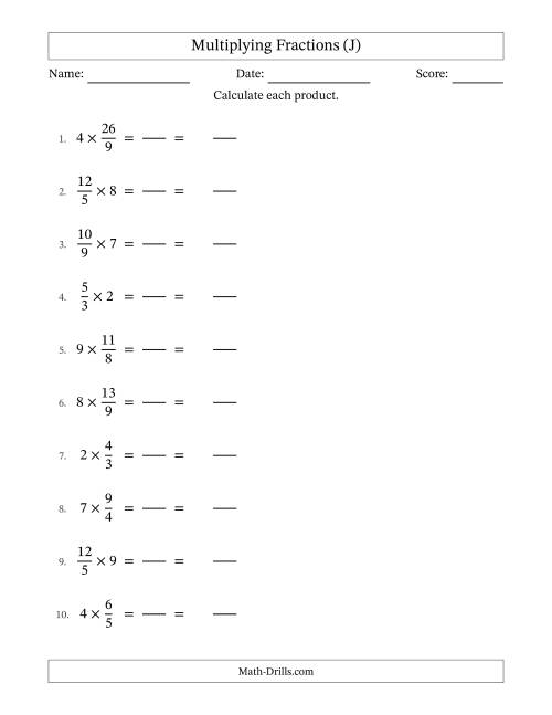 The Multiplying Improper Fractions and Whole Numbers with No Simplification (Fillable) (J) Math Worksheet