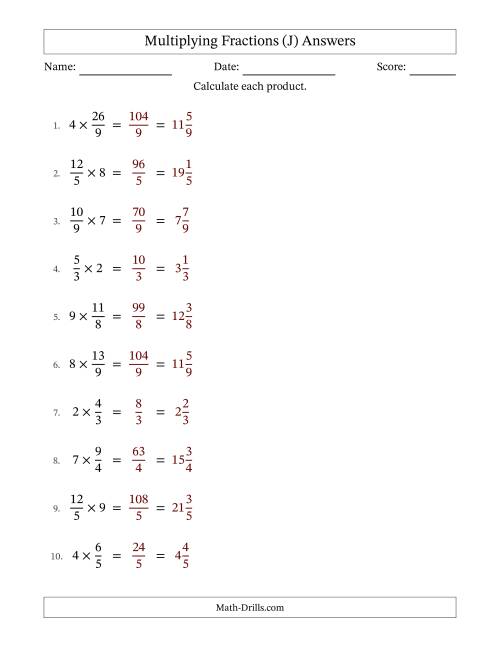 The Multiplying Improper Fractions and Whole Numbers with No Simplification (Fillable) (J) Math Worksheet Page 2