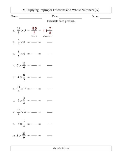 The Multiplying Improper Fractions and Whole Numbers with No Simplifying (Fillable) (All) Math Worksheet