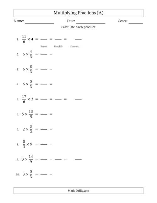 The Multiplying Improper Fractions and Whole Numbers with All Simplifying (Fillable) (A) Math Worksheet