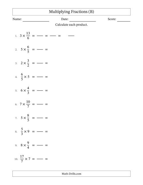 The Multiplying Improper Fractions and Whole Numbers with All Simplification (Fillable) (B) Math Worksheet