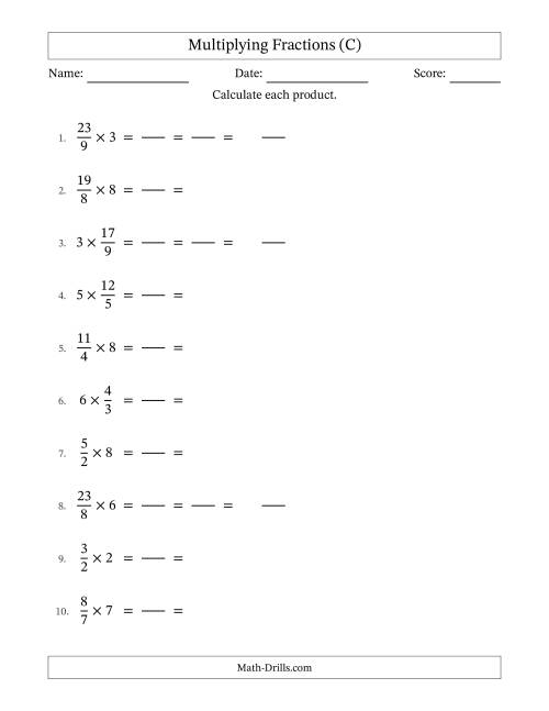 The Multiplying Improper Fractions and Whole Numbers with All Simplification (Fillable) (C) Math Worksheet