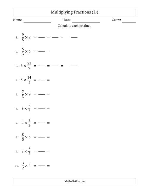 The Multiplying Improper Fractions and Whole Numbers with All Simplification (Fillable) (D) Math Worksheet