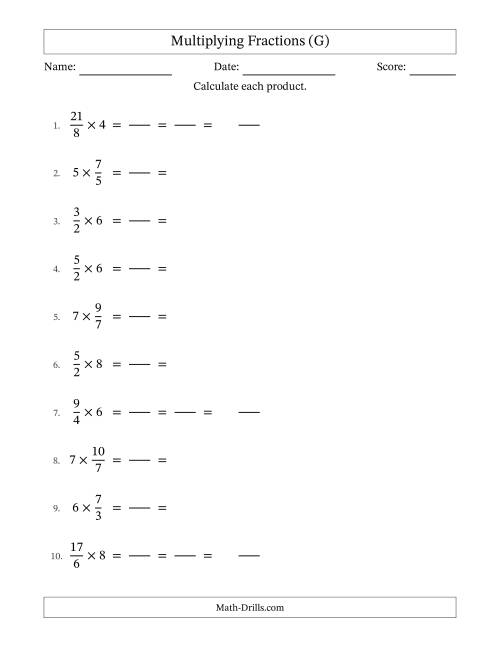 The Multiplying Improper Fractions and Whole Numbers with All Simplification (Fillable) (G) Math Worksheet