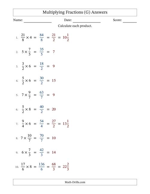 The Multiplying Improper Fractions and Whole Numbers with All Simplification (Fillable) (G) Math Worksheet Page 2