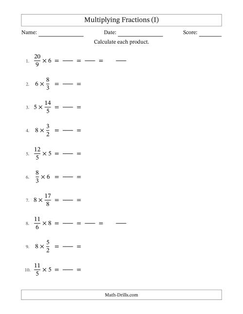 The Multiplying Improper Fractions and Whole Numbers with All Simplification (Fillable) (I) Math Worksheet