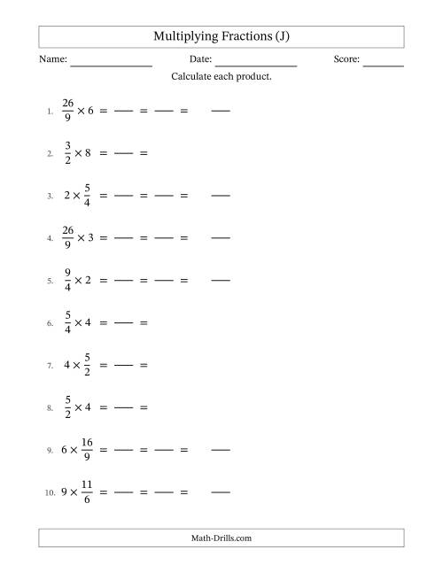 The Multiplying Improper Fractions and Whole Numbers with All Simplification (Fillable) (J) Math Worksheet