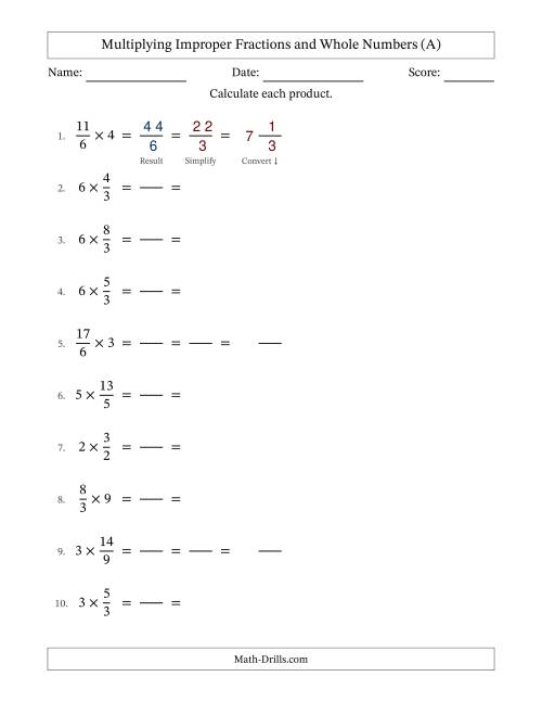 The Multiplying Improper Fractions and Whole Numbers with All Simplifying (Fillable) (All) Math Worksheet