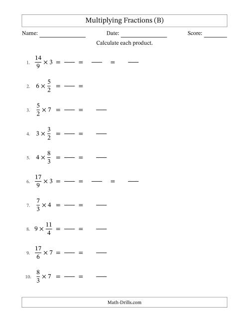 The Multiplying Improper Fractions and Whole Numbers with Some Simplification (Fillable) (B) Math Worksheet