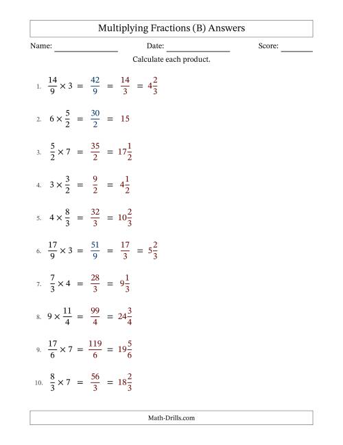 The Multiplying Improper Fractions and Whole Numbers with Some Simplification (Fillable) (B) Math Worksheet Page 2