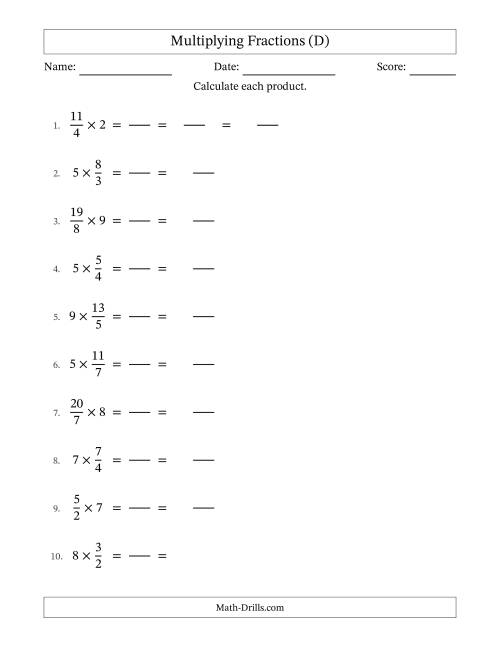The Multiplying Improper Fractions and Whole Numbers with Some Simplification (Fillable) (D) Math Worksheet