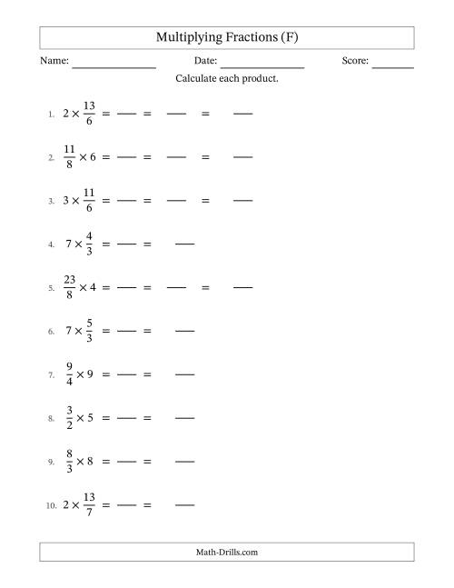 The Multiplying Improper Fractions and Whole Numbers with Some Simplification (Fillable) (F) Math Worksheet