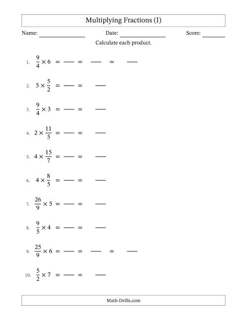 The Multiplying Improper Fractions and Whole Numbers with Some Simplification (Fillable) (I) Math Worksheet