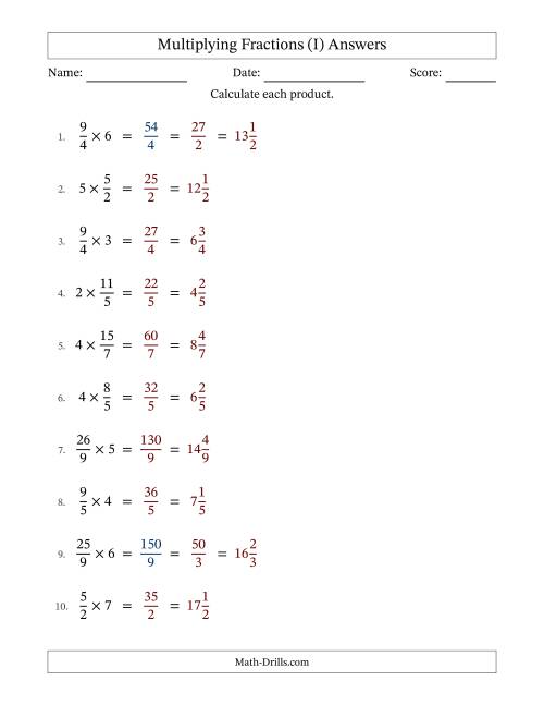 The Multiplying Improper Fractions and Whole Numbers with Some Simplification (Fillable) (I) Math Worksheet Page 2