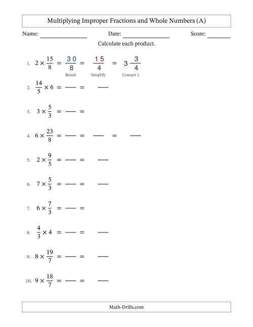 The Multiplying Improper Fractions and Whole Numbers with Some Simplifying (Fillable) (All) Math Worksheet