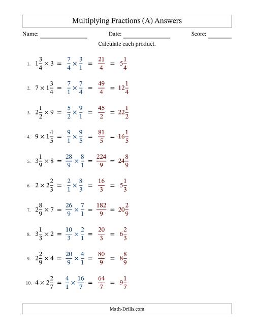 The Multiplying Mixed Fractions and Whole Numbers with No Simplifying (Fillable) (A) Math Worksheet Page 2