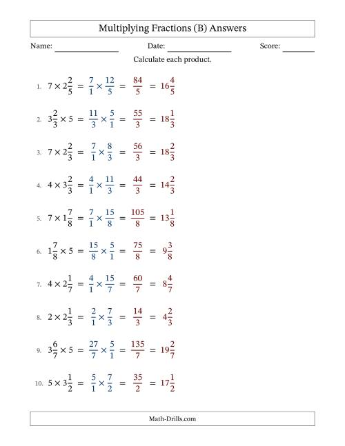 The Multiplying Mixed Fractions and Whole Numbers with No Simplification (Fillable) (B) Math Worksheet Page 2