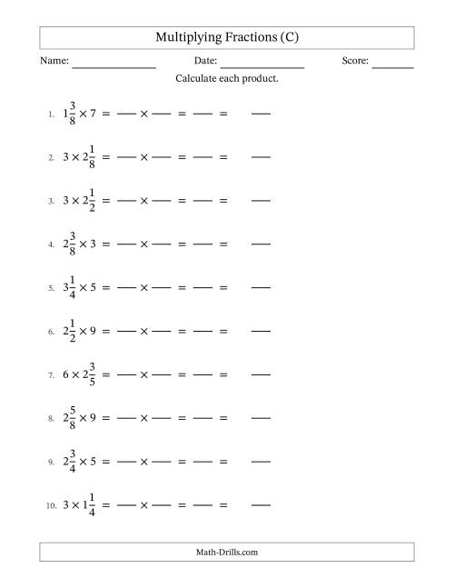 The Multiplying Mixed Fractions and Whole Numbers with No Simplification (Fillable) (C) Math Worksheet